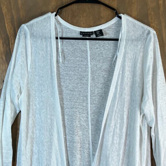Tahari Womens Sweater White Open Front Cardigan 100% Linen Lightweight Sheer M - Picture 2 of 11